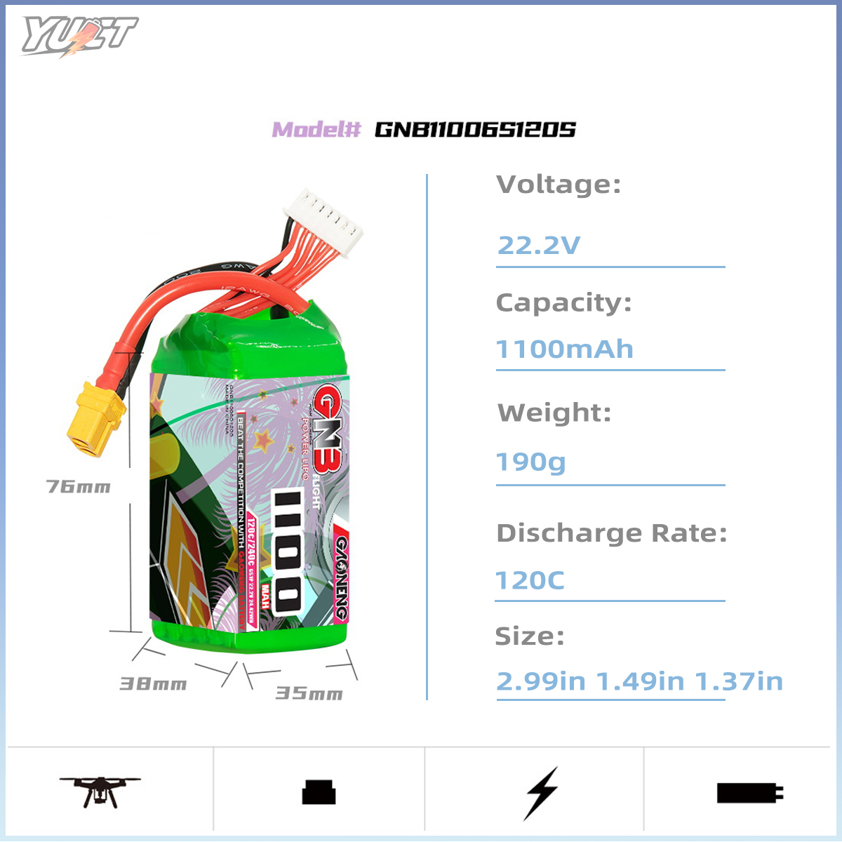 YUCT GNB 6S LiPo Battery 22.2V - Drone Battery 4S 评论和价格